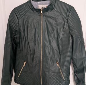 Quilted Dark Green Faux Leather Moto Jacket with Gold Zippers
